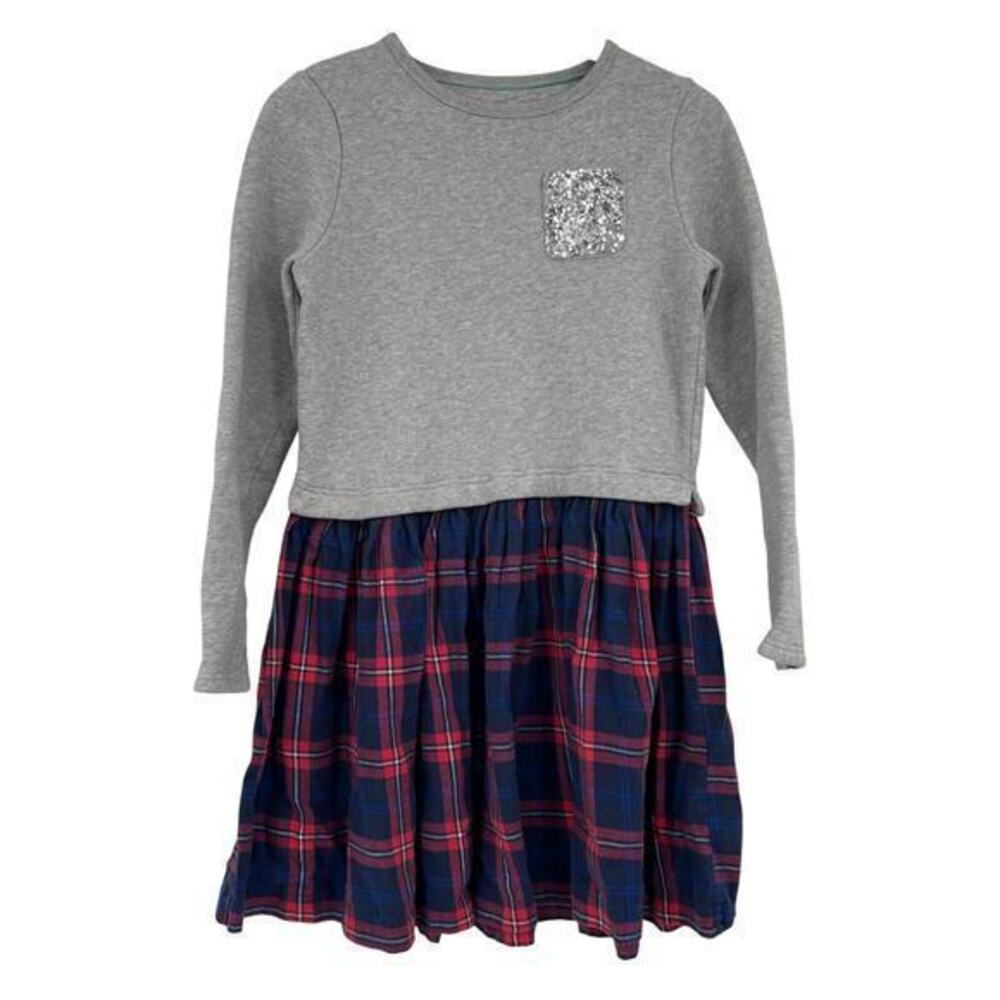 Boden girls' gray & plaid silver sequin pocket dress holidays size 15-16 years